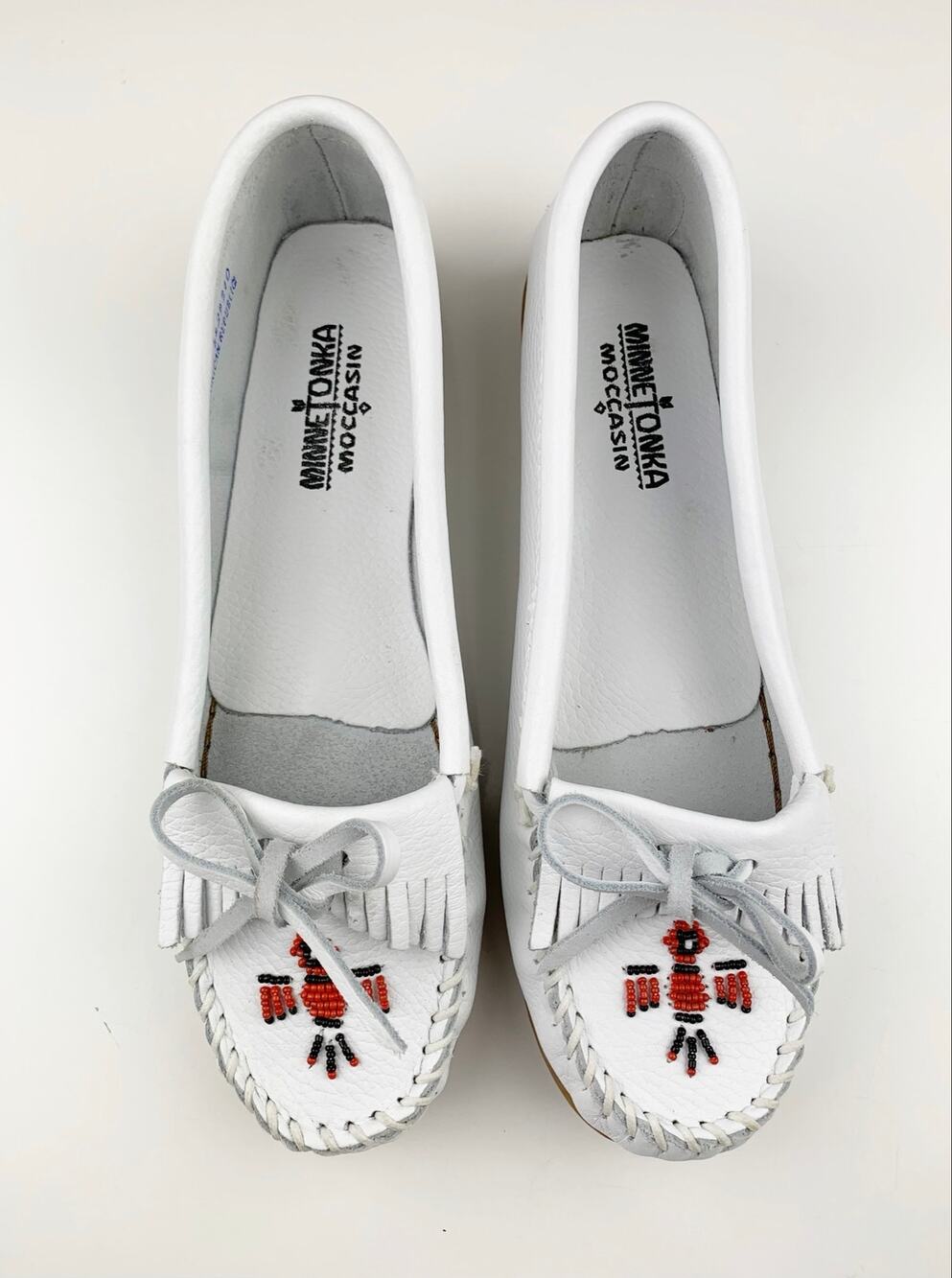 Minnetonka Thunderbird Moccasins Beaded Mocs White Leather Shoes Women's 11